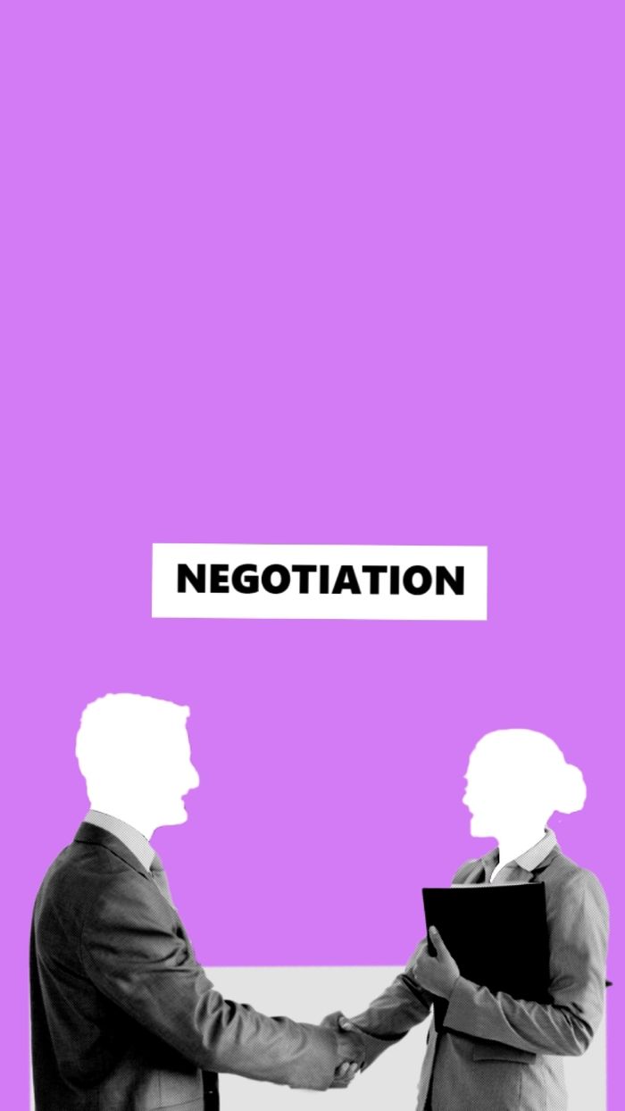Illustration of entrepreneurs wearing formal clothes shaking hands while having meeting against purple background